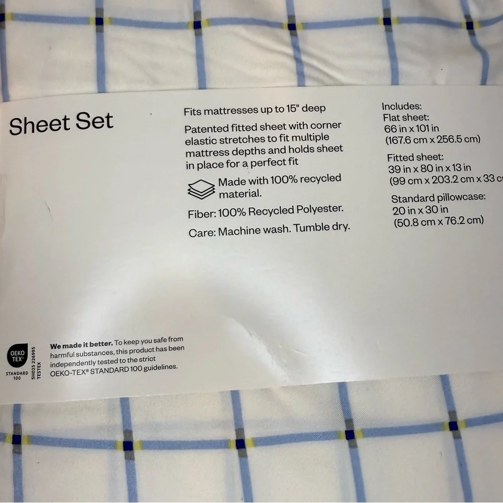 Room Essentials Twin Sheet Set Blue Grid‎ Microfiber Twin XL Compatible NWT - Picture 6 of 7